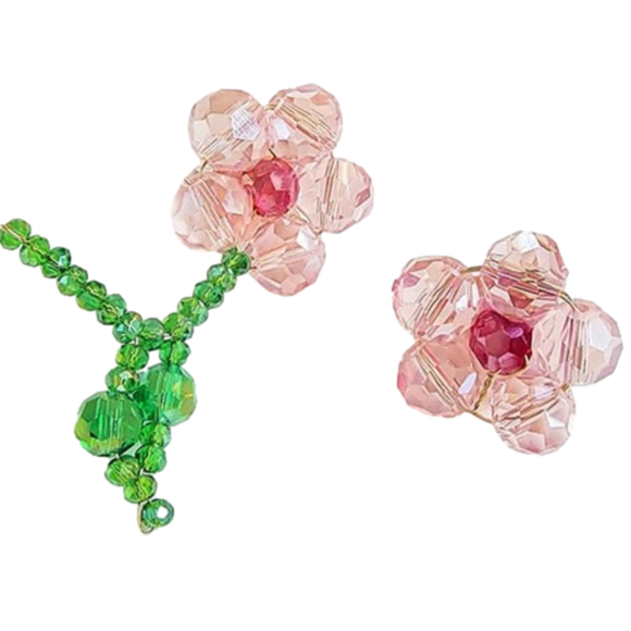 Hand Beaded Asymmetrical Pink Flower Earrings - Picture 4 of 8